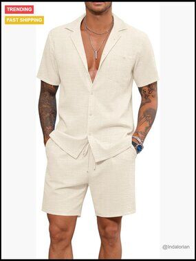 Men's Short Sleeve 2 Piece Set Linen Vacation Tracksuit Button Shirt Loose Pants